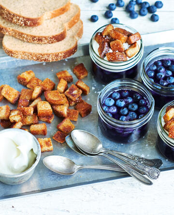 Wild Blueberries in a Jar with Crispy Maple Caramelized Bread Cubes