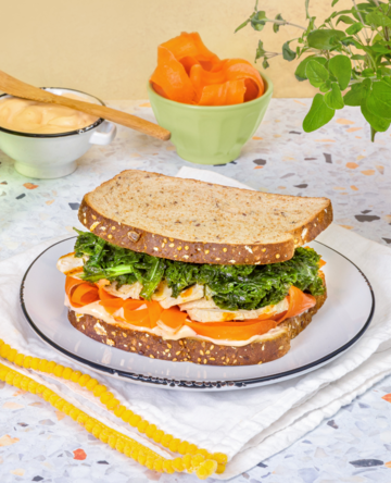 Grilled Chicken Sandwich with Marinated Kale & Carrot Ribbons