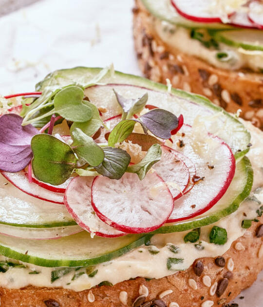 Lemon & Herb Hummus Tartine with Cucumber and Radishes