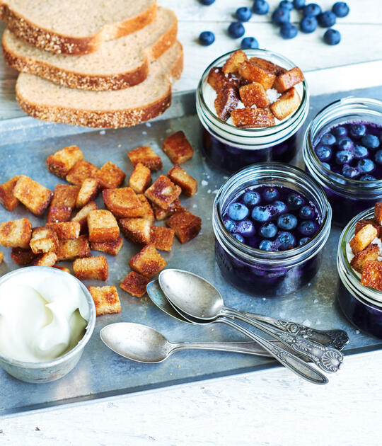 Wild Blueberries in a Jar with Crispy Maple Caramelized Bread Cubes