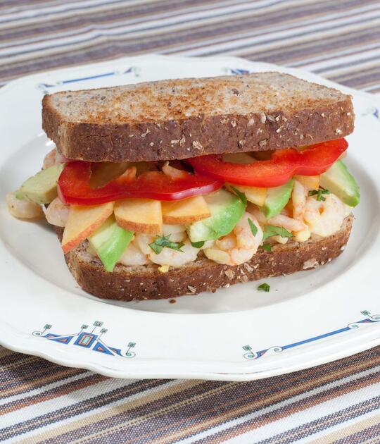 Shrimp Salad Sandwich with Avocado and Peach