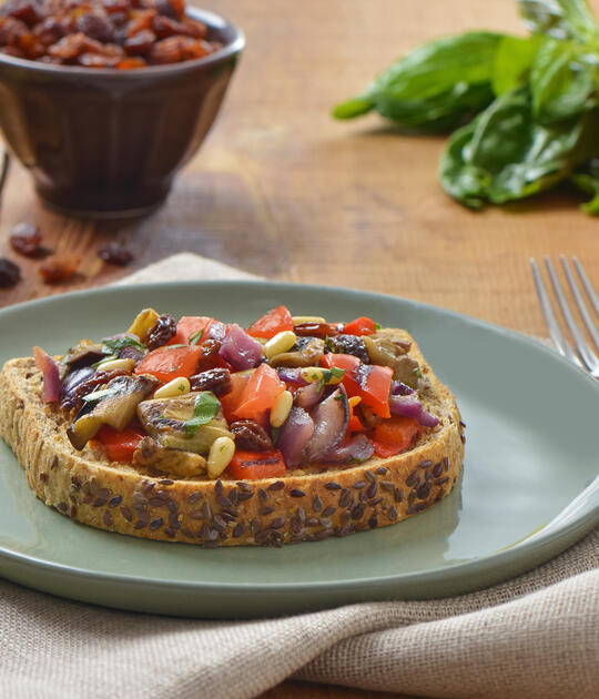 Grilled Eggplant Caponata with Raisins and Pine Nuts