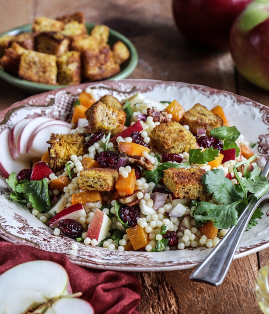 Pearl Couscous Salad with Squash, Apples and Curried Croutons