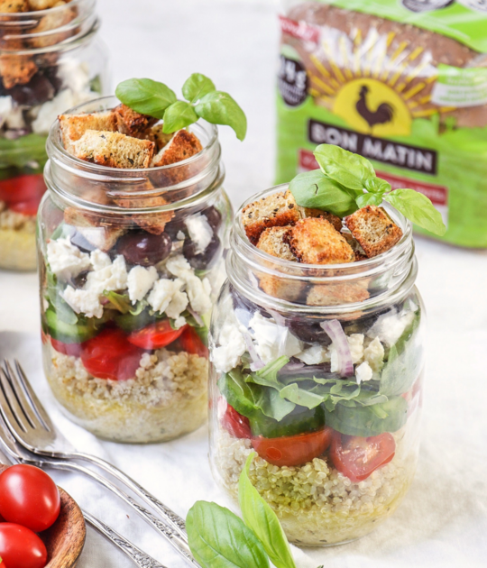 Mediterranean Quinoa and Herbed Crouton Salad in a Jar