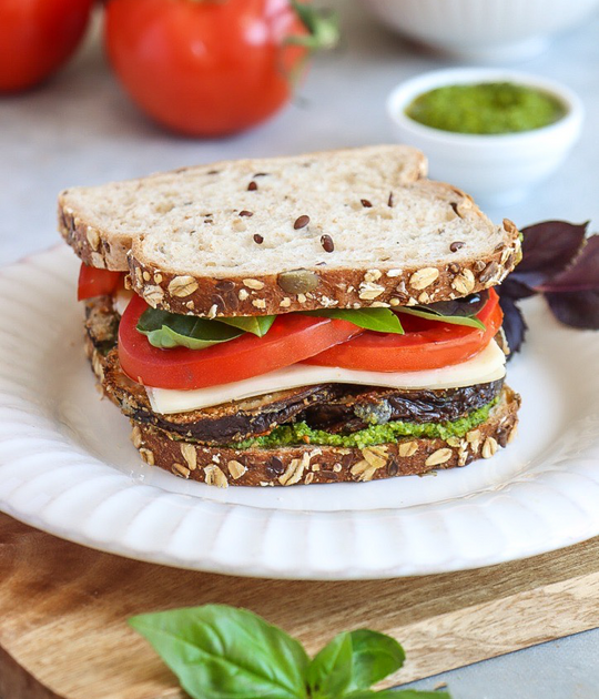 Sandwich with Crispy Eggplant, Fresh Mozzarella, Pesto, and Tomato